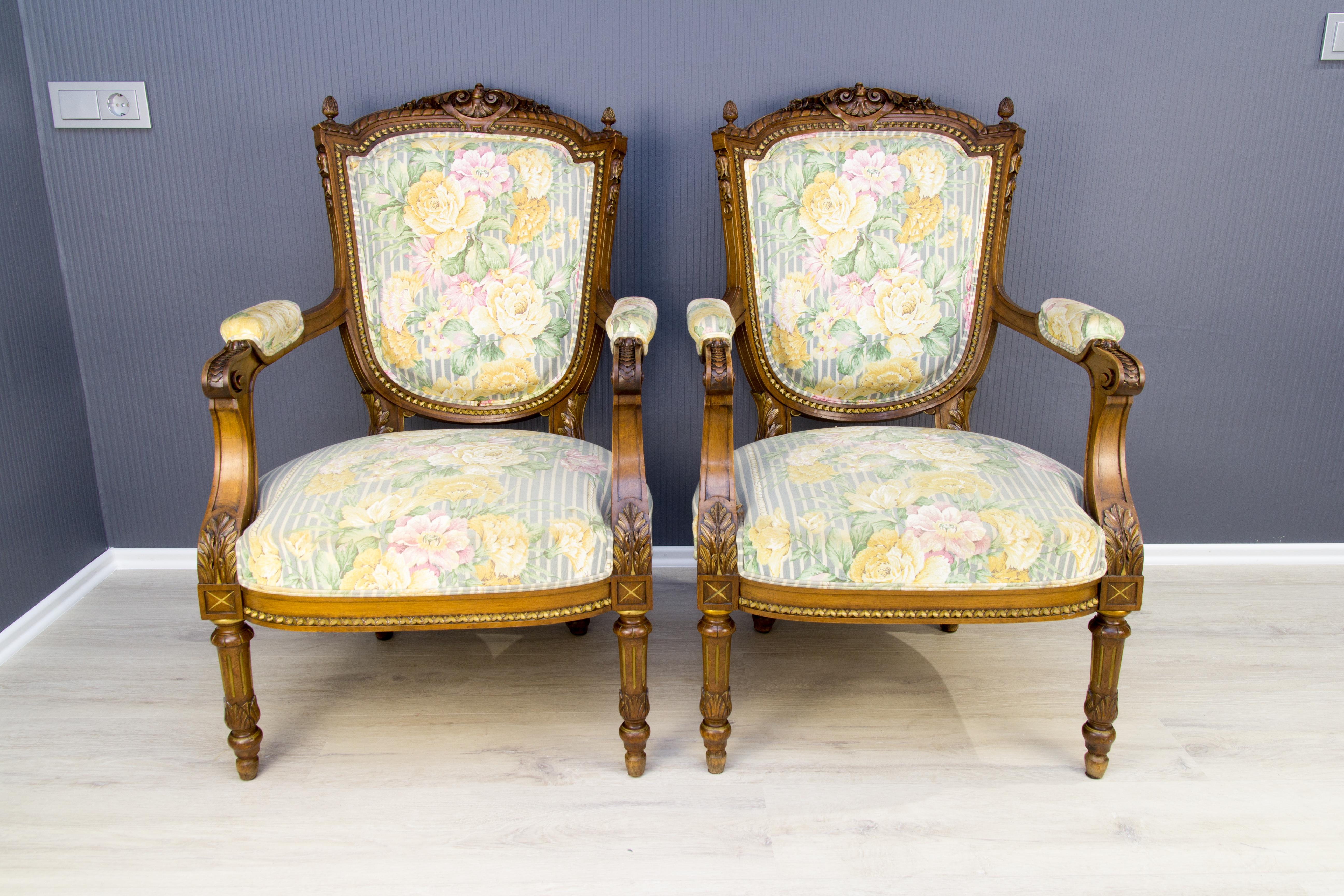 French Pair of Late 19th Century Louis XVI Style Walnut Armchairs