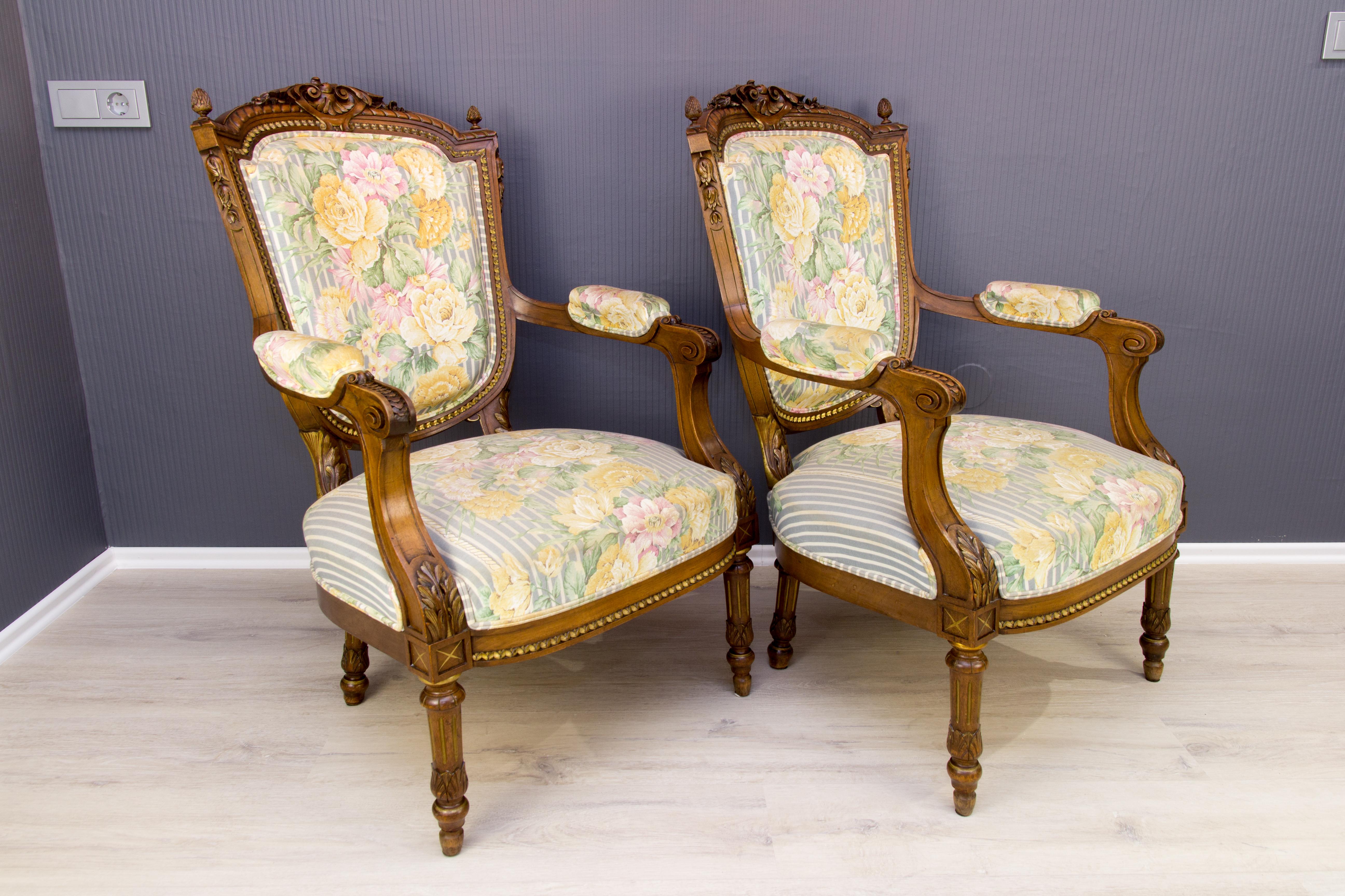 Carved Pair of Late 19th Century Louis XVI Style Walnut Armchairs