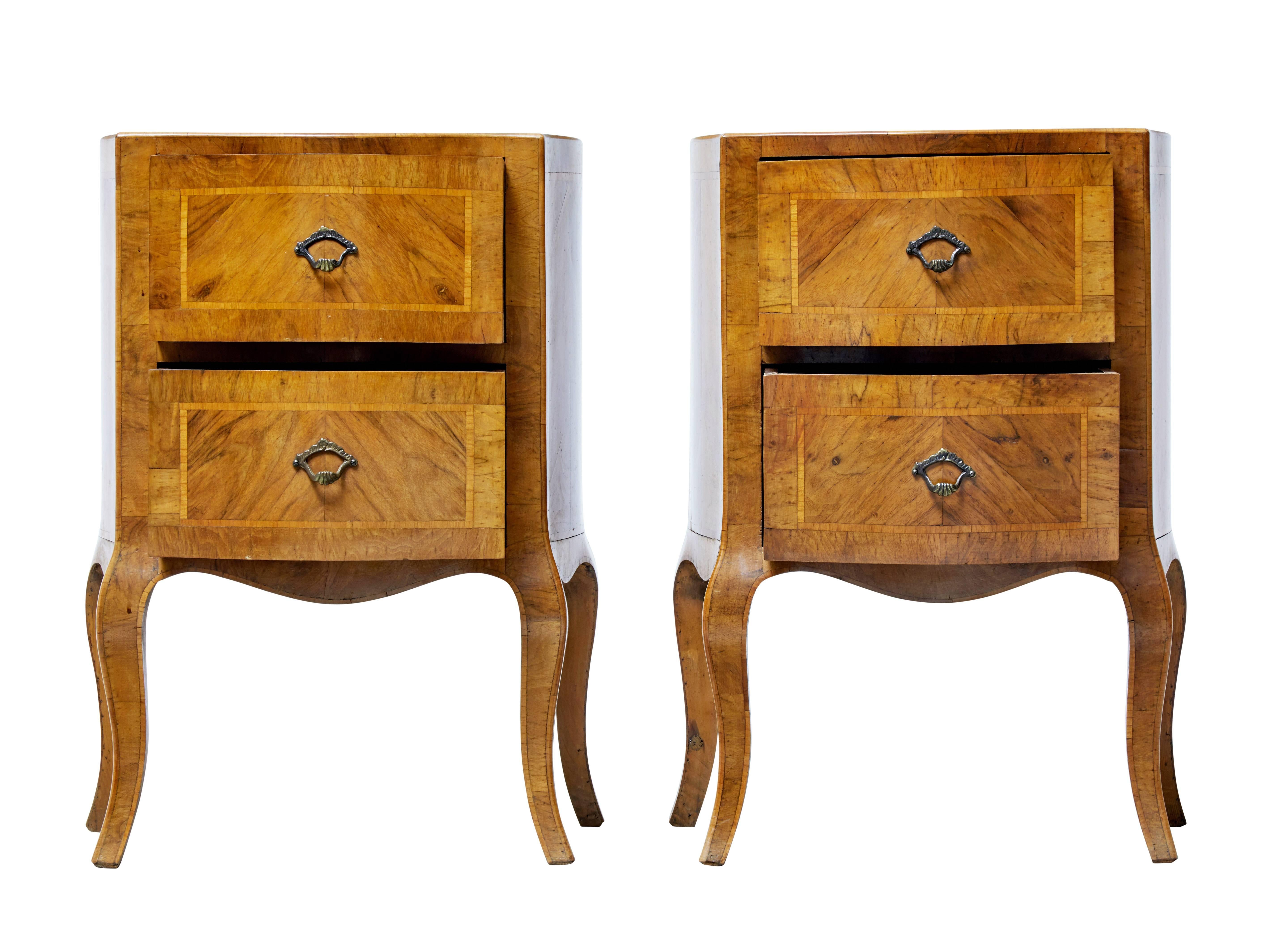 Fine pair of small Maltese walnut chest of drawers, circa 1890.

Two drawers with single handle. Veneered in walnut with satinwood stringing.

Ideal for use as a pair of bedside tables.

Each standing on four sabre legs.

Minor expected