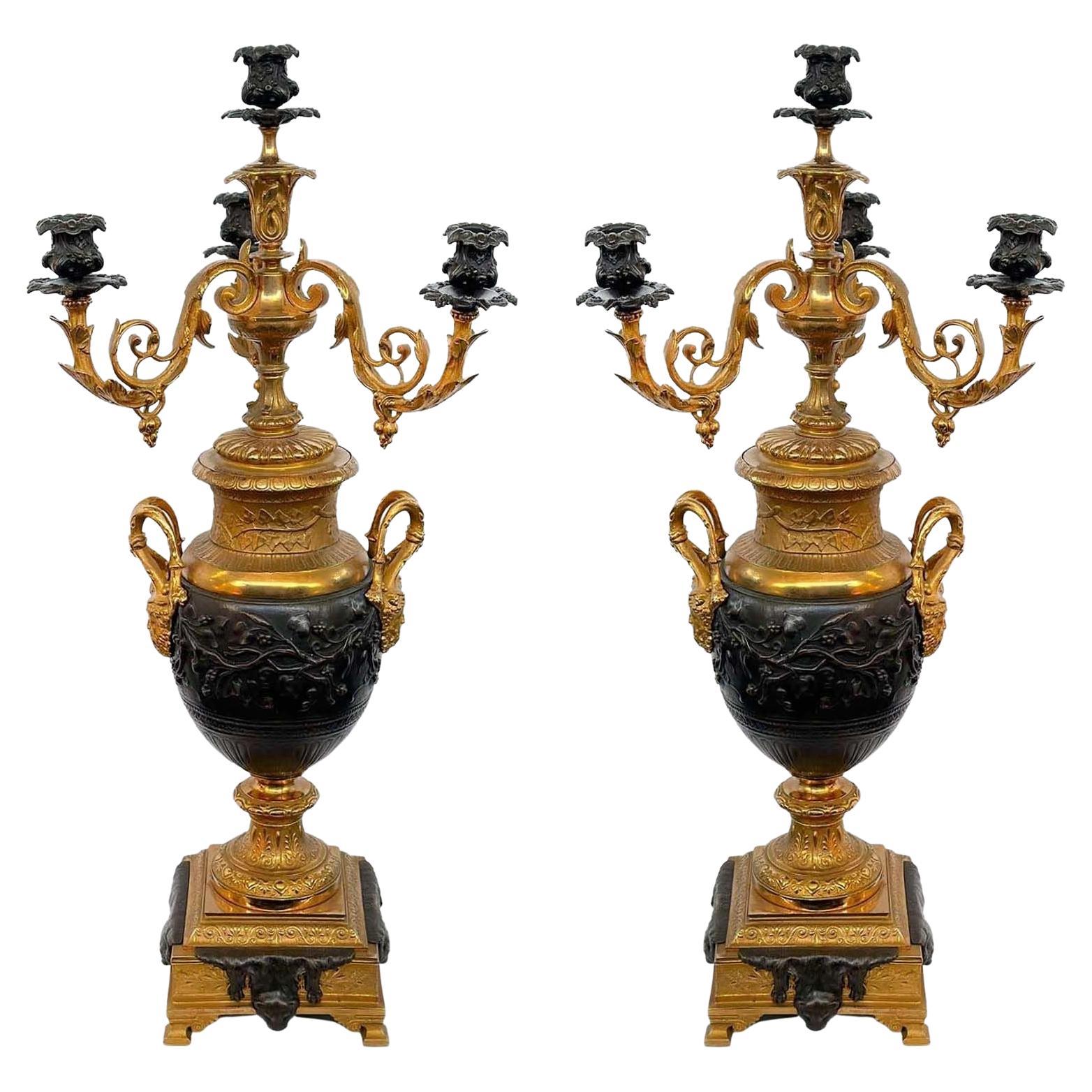 Pair of Late 19th Century Napoleon III Gilt & Patinated Bronze Candelabras For Sale