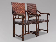 Pair of Late 19th Century Oak Woven Leather Armchairs