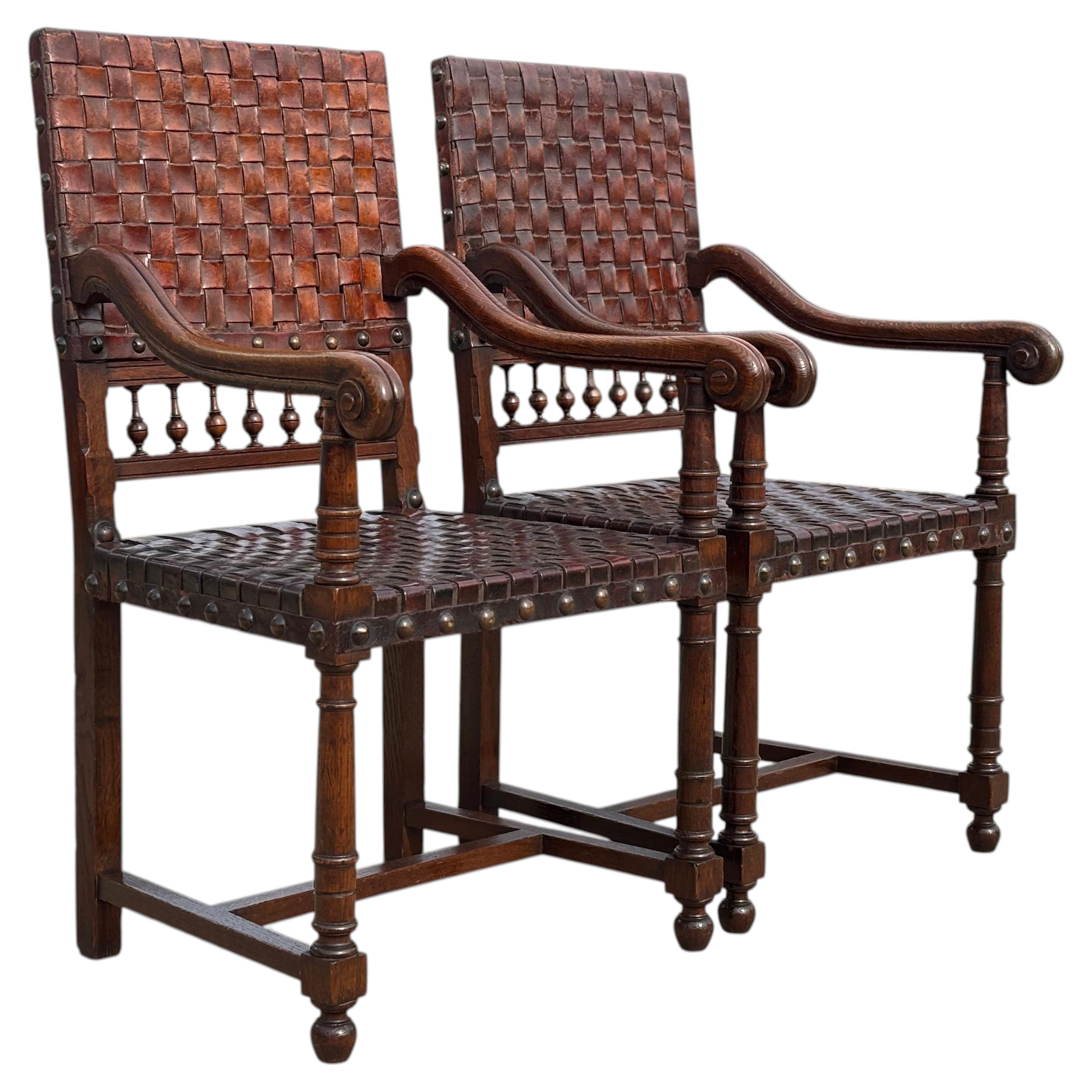 Pair of Late 19th Century Oak Woven Leather Armchairs