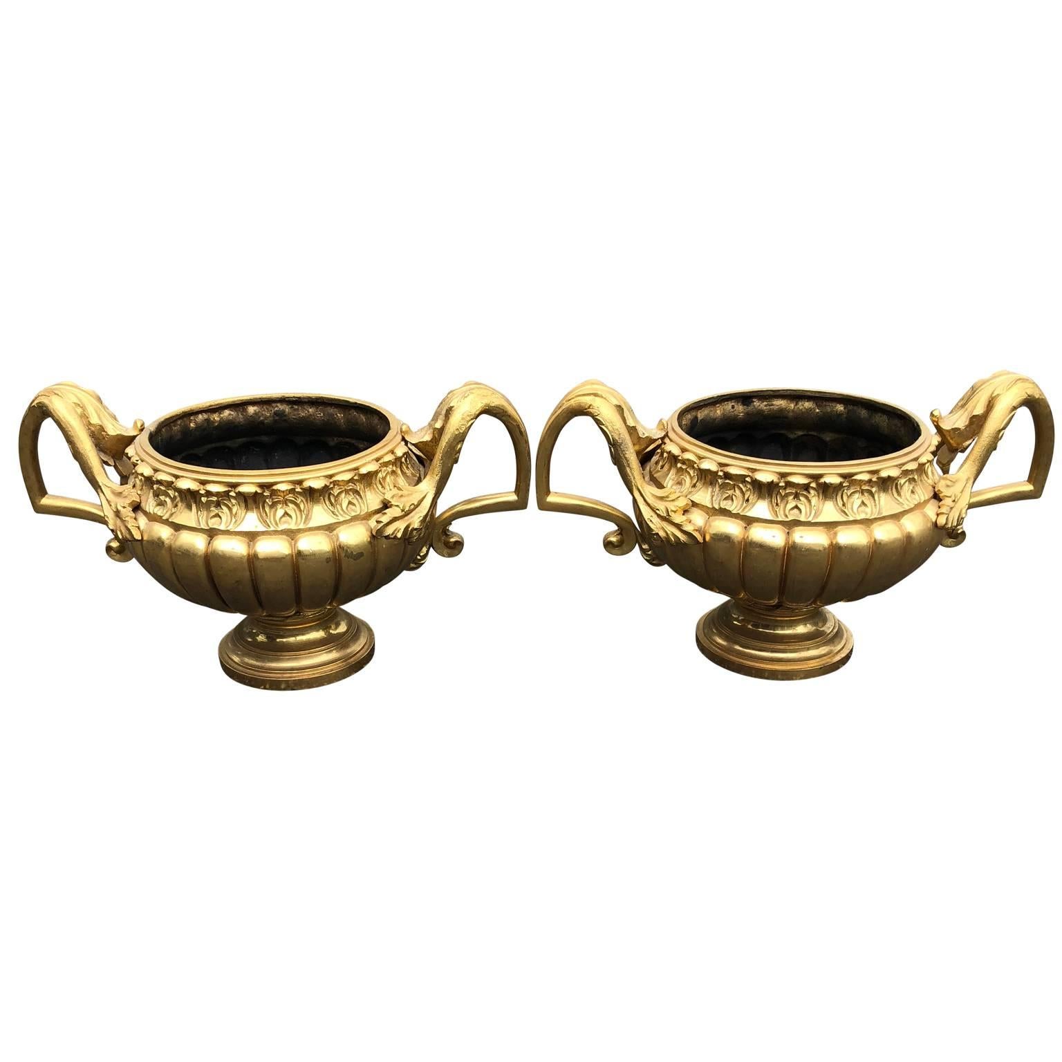 Pair of 19th Century ormolu gilt urns or planters.