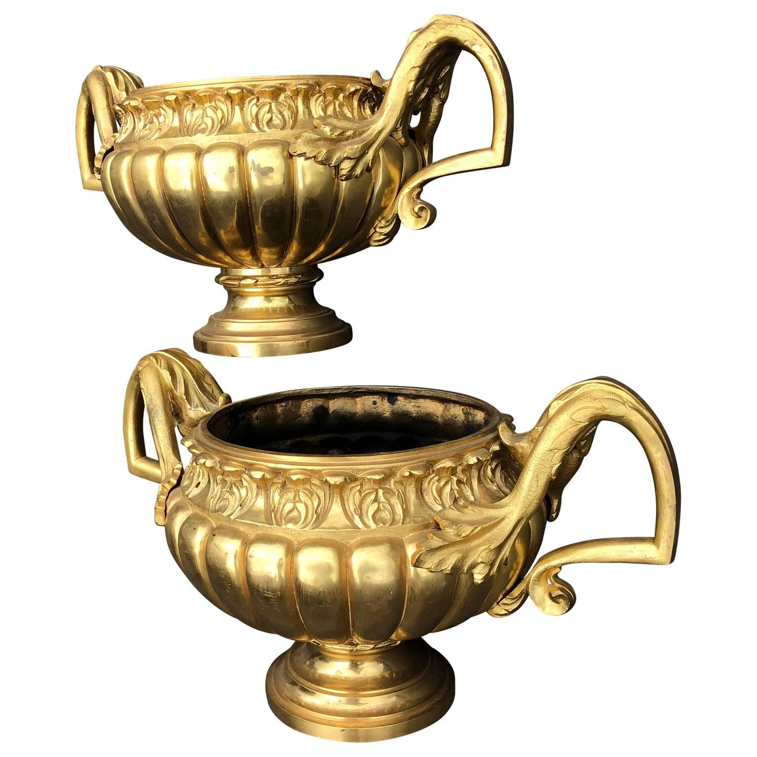 Bronze Pair of Late 19th Century Ormolu Gilt Urns or Planters