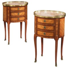 Antique Pair of Late 19th Century Oval Kingwood and Marble Bed Side Tables, by P Chorier