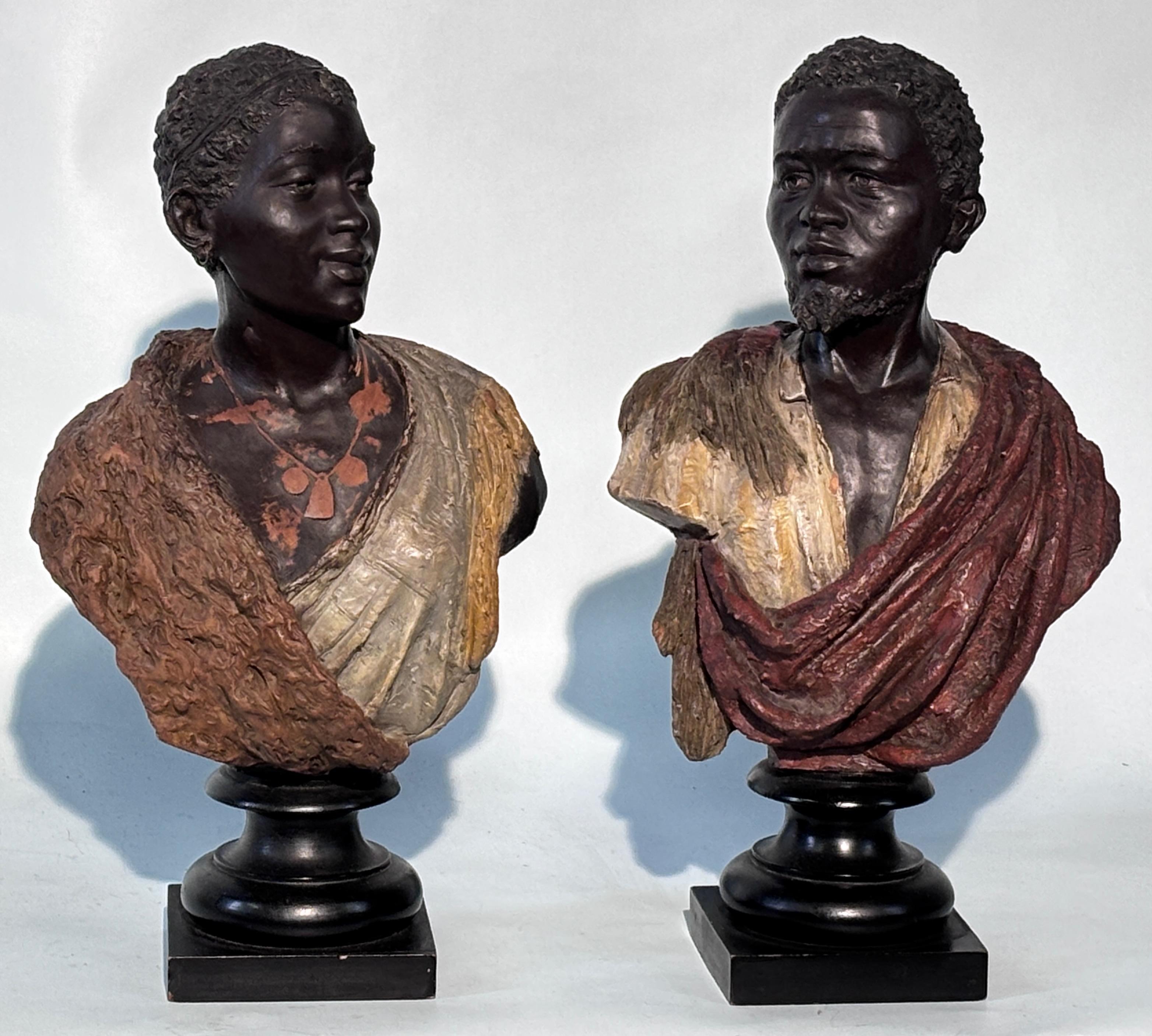 Art Nouveau Pair Of Late 19th Century Polychrome Terracotta Busts By Friedrich Goldscheider For Sale