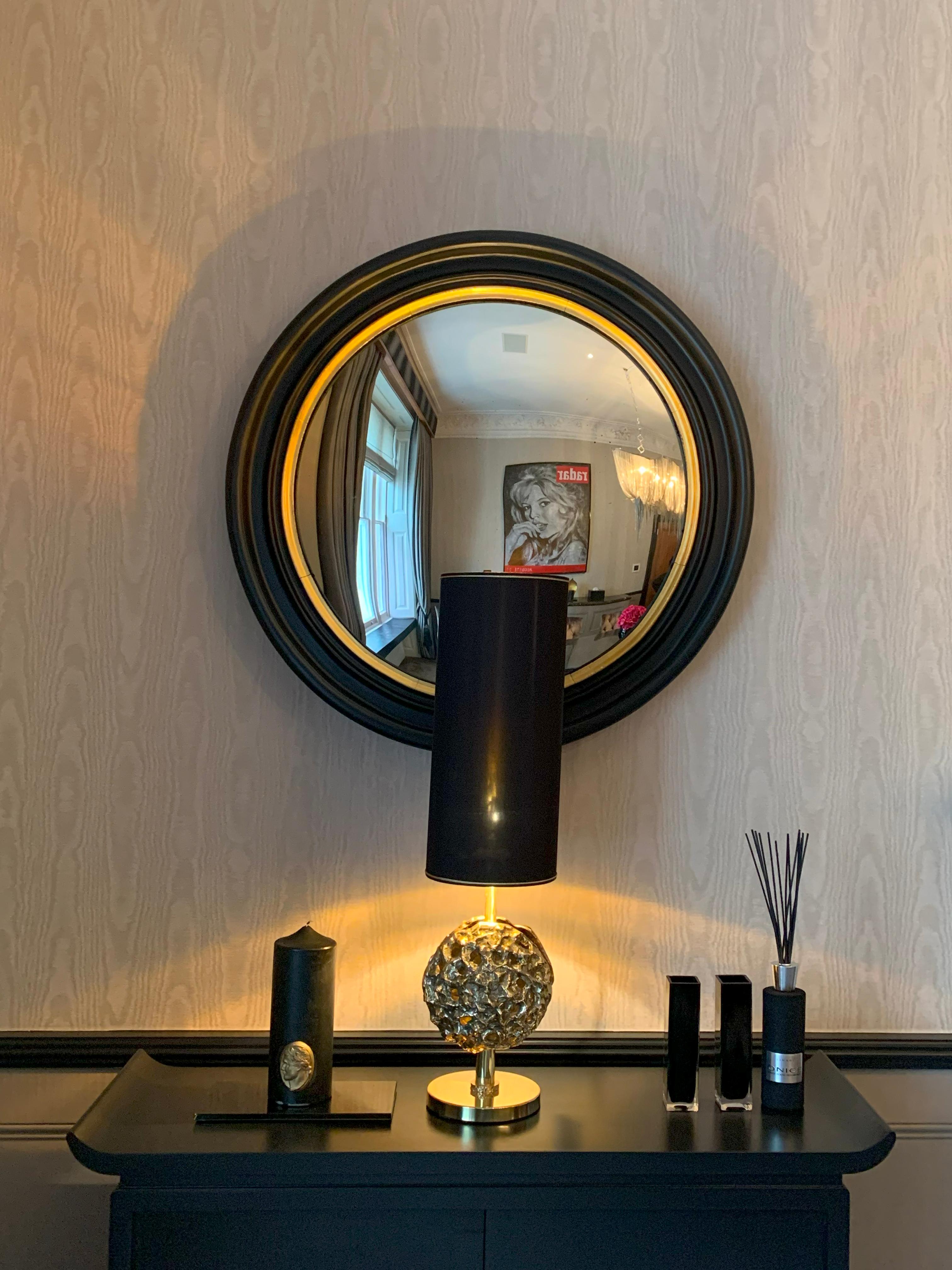 British Pair of Late 19th Century Regency Revival Black and Giltwood Convex Mirrors For Sale
