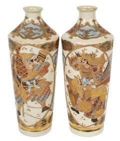 Pair of Late 19th Century Satsuma Vases Depicting Warriors, Marked