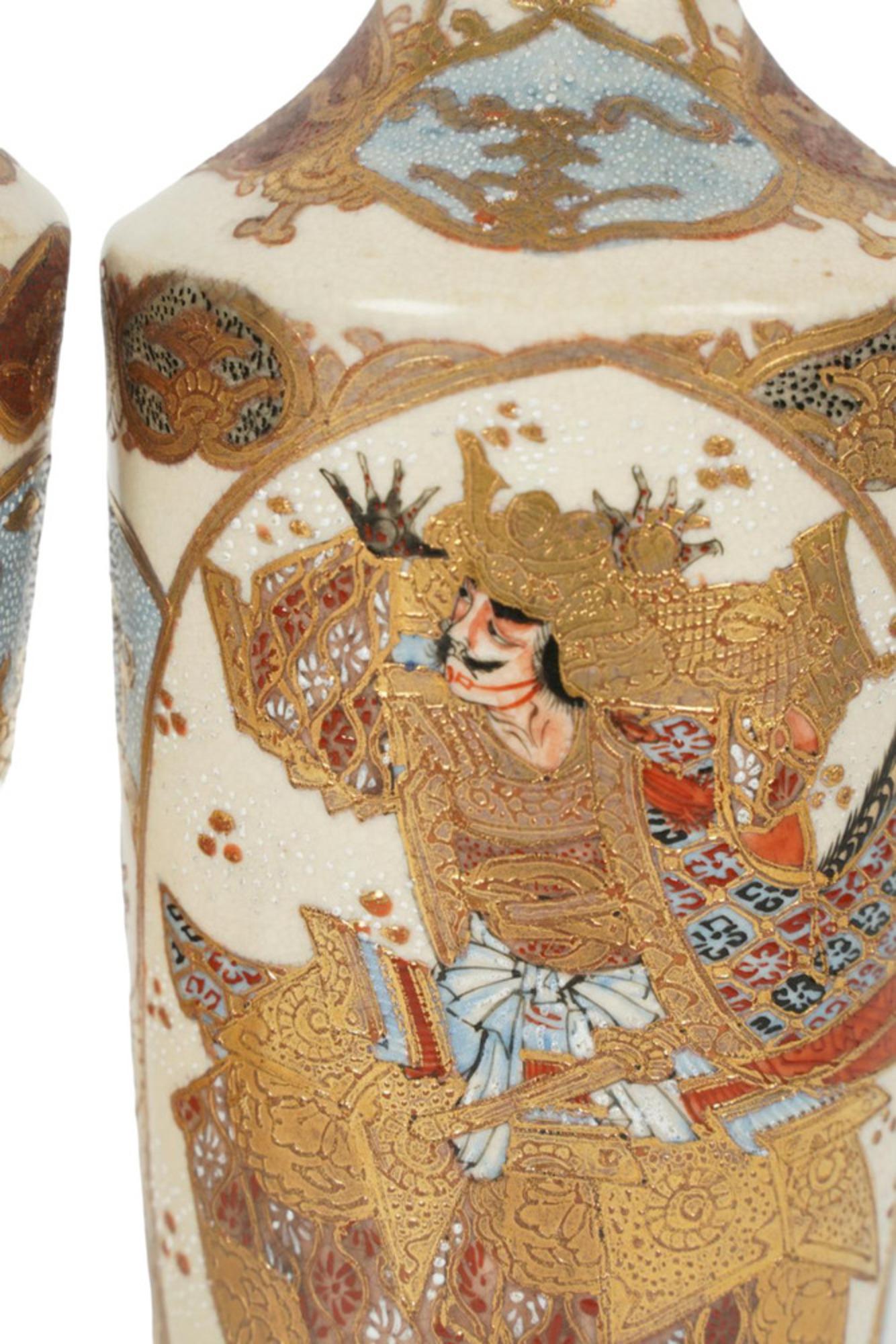 Pair of Late 19th Century Satsuma Vases Depicting Warriors, Marked For Sale 3