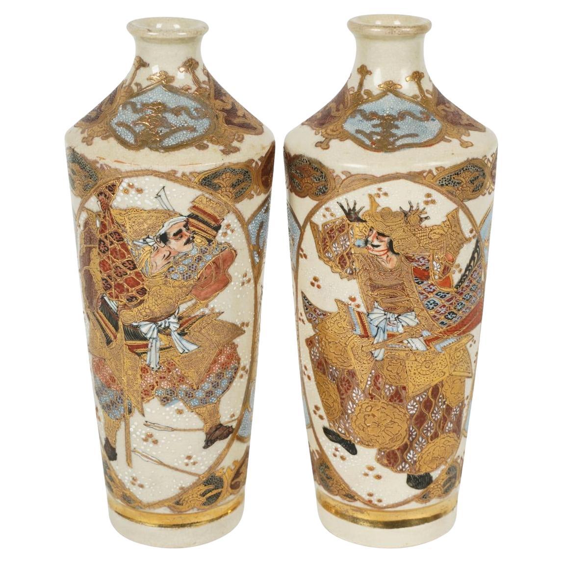Pair of Late 19th Century Satsuma Vases Depicting Warriors, Marked For Sale