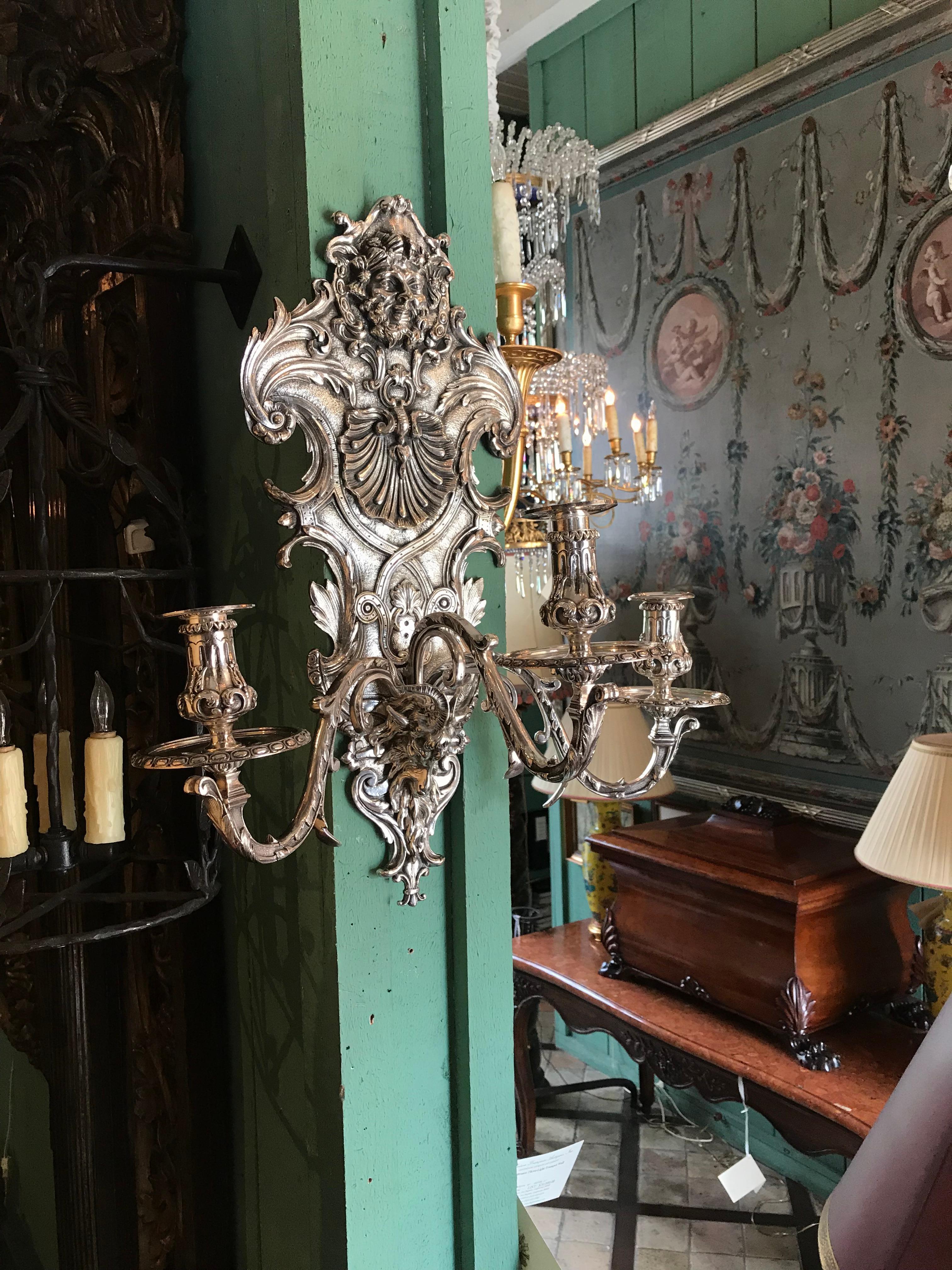 French Pair of Late 19th C. Silver Plated Louis XIV Style 3-Light Wall Sconces light LA