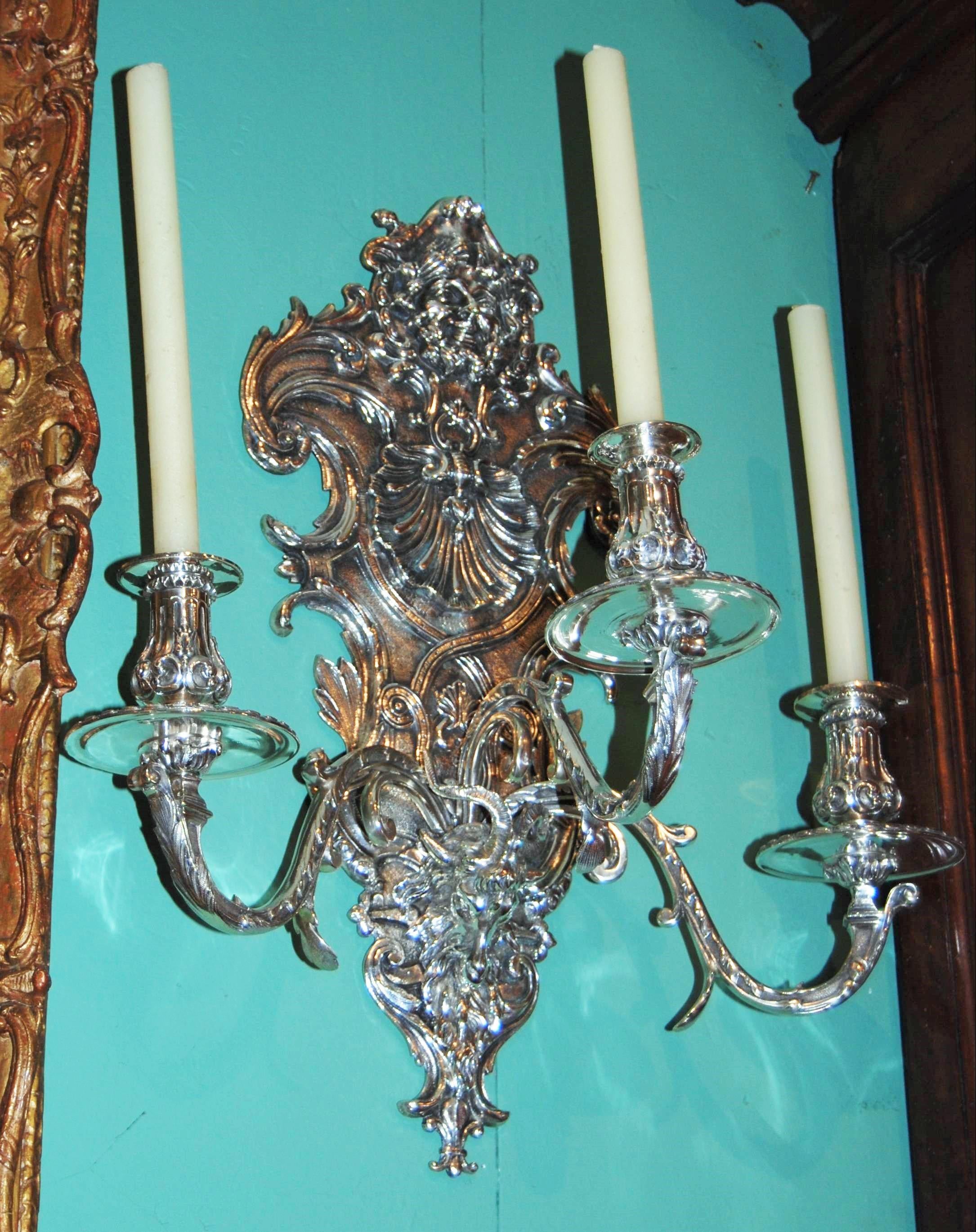 20th Century Pair of Late 19th C. Silver Plated Louis XIV Style 3-Light Wall Sconces light LA