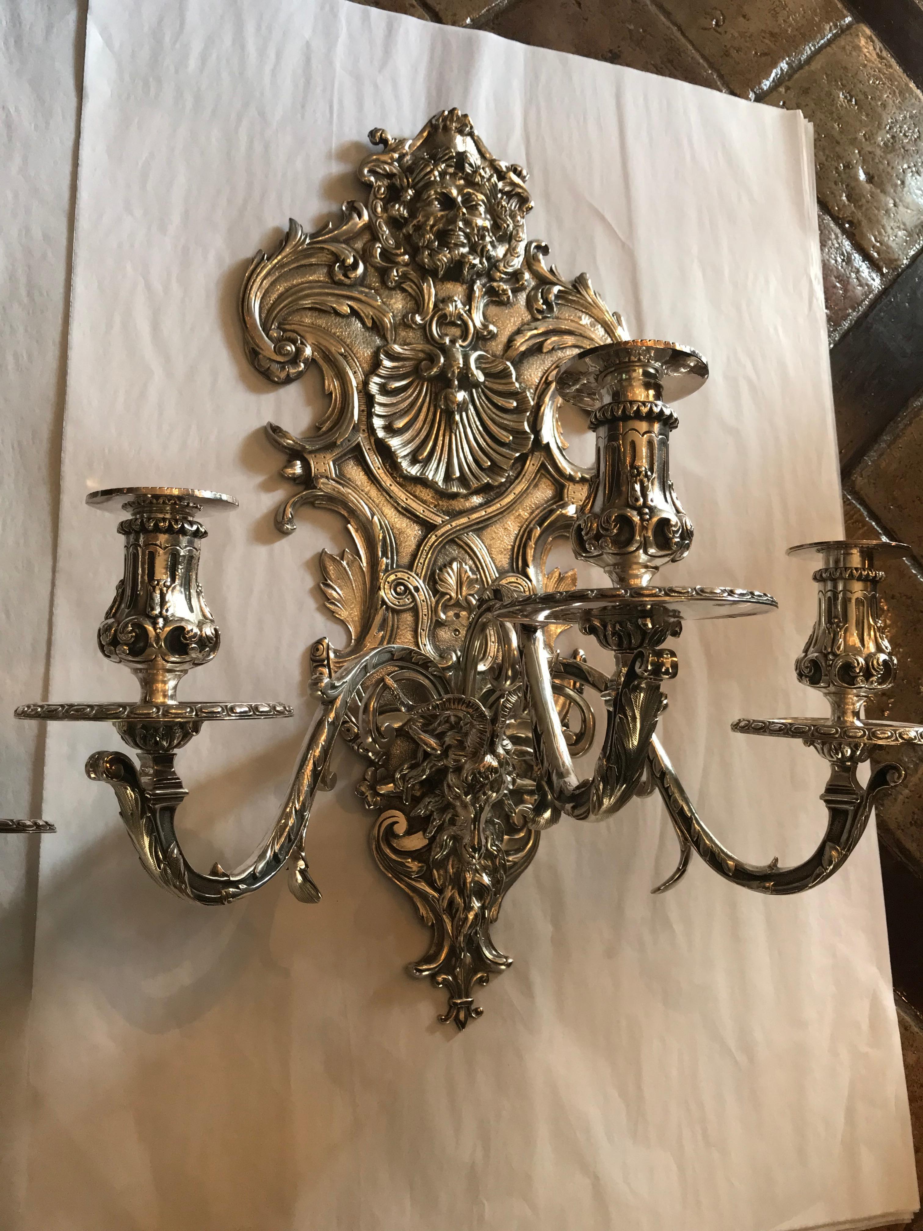 Metal Pair of Late 19th C. Silver Plated Louis XIV Style 3-Light Wall Sconces light LA