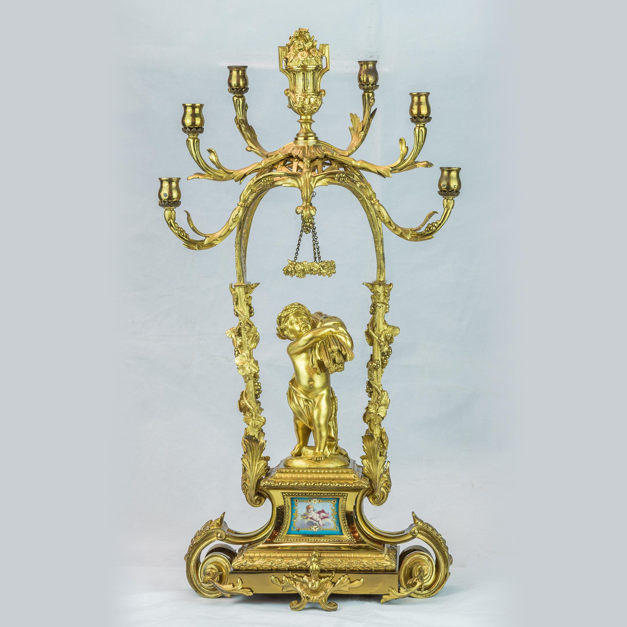 French Pair of Late 19th Century Six-Light Gilt Bronze Figural Candelabras For Sale