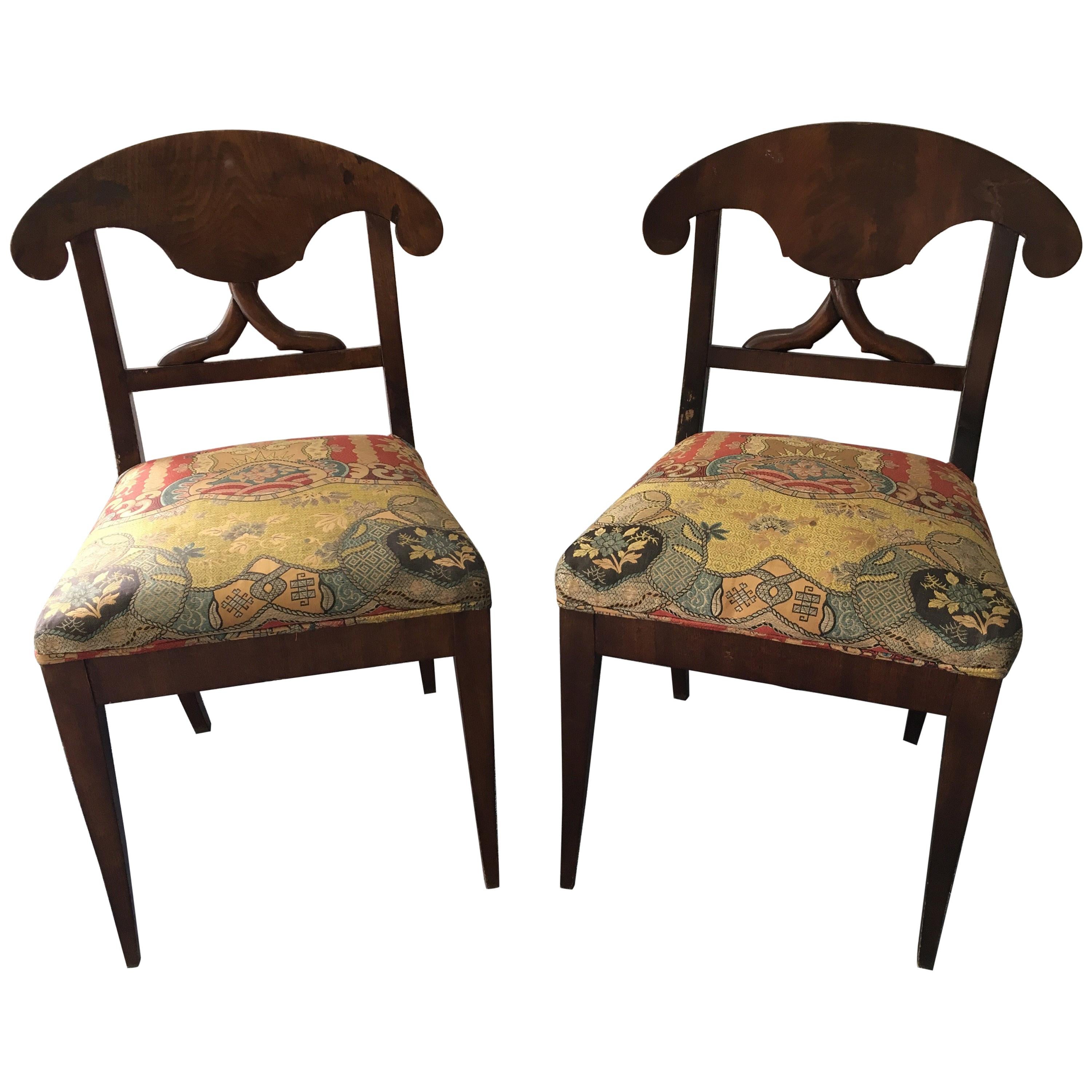 Pair of Late 19th Century Swedish Biedermeier Side Chairs with Silk Fabric