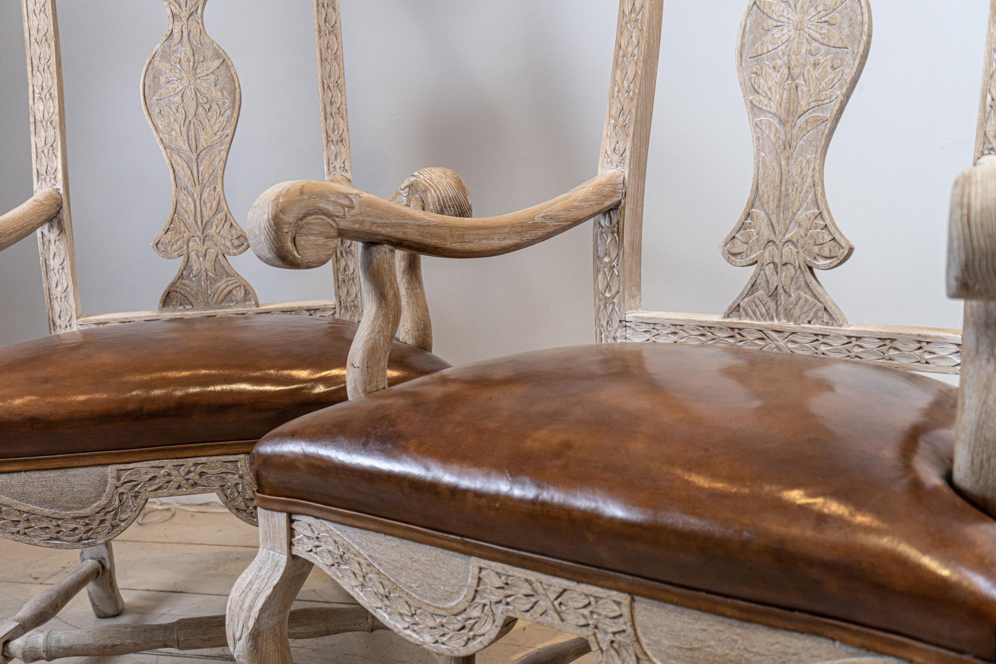 Baroque Pair of Late 19th Century Swedish Bleached Oak Carvers or Side Chairs For Sale
