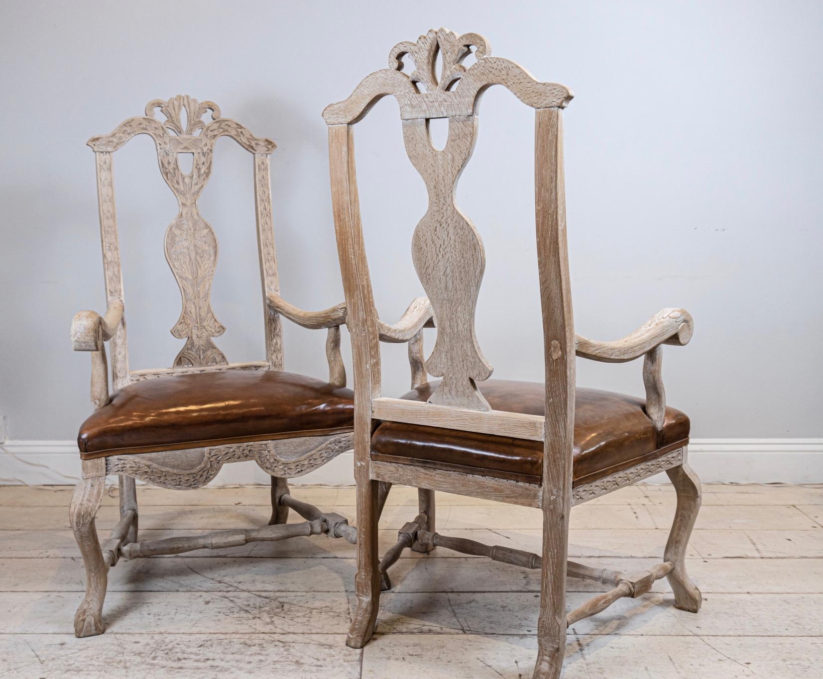 Leather Pair of Late 19th Century Swedish Bleached Oak Carvers or Side Chairs For Sale
