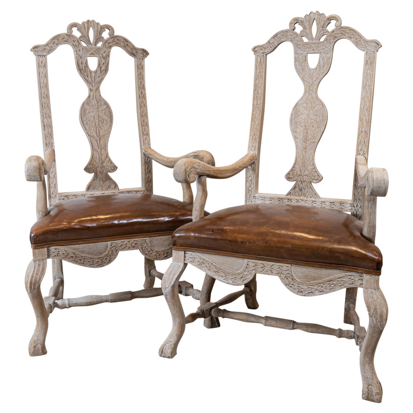 Pair of Late 19th Century Swedish Bleached Oak Carvers or Side Chairs