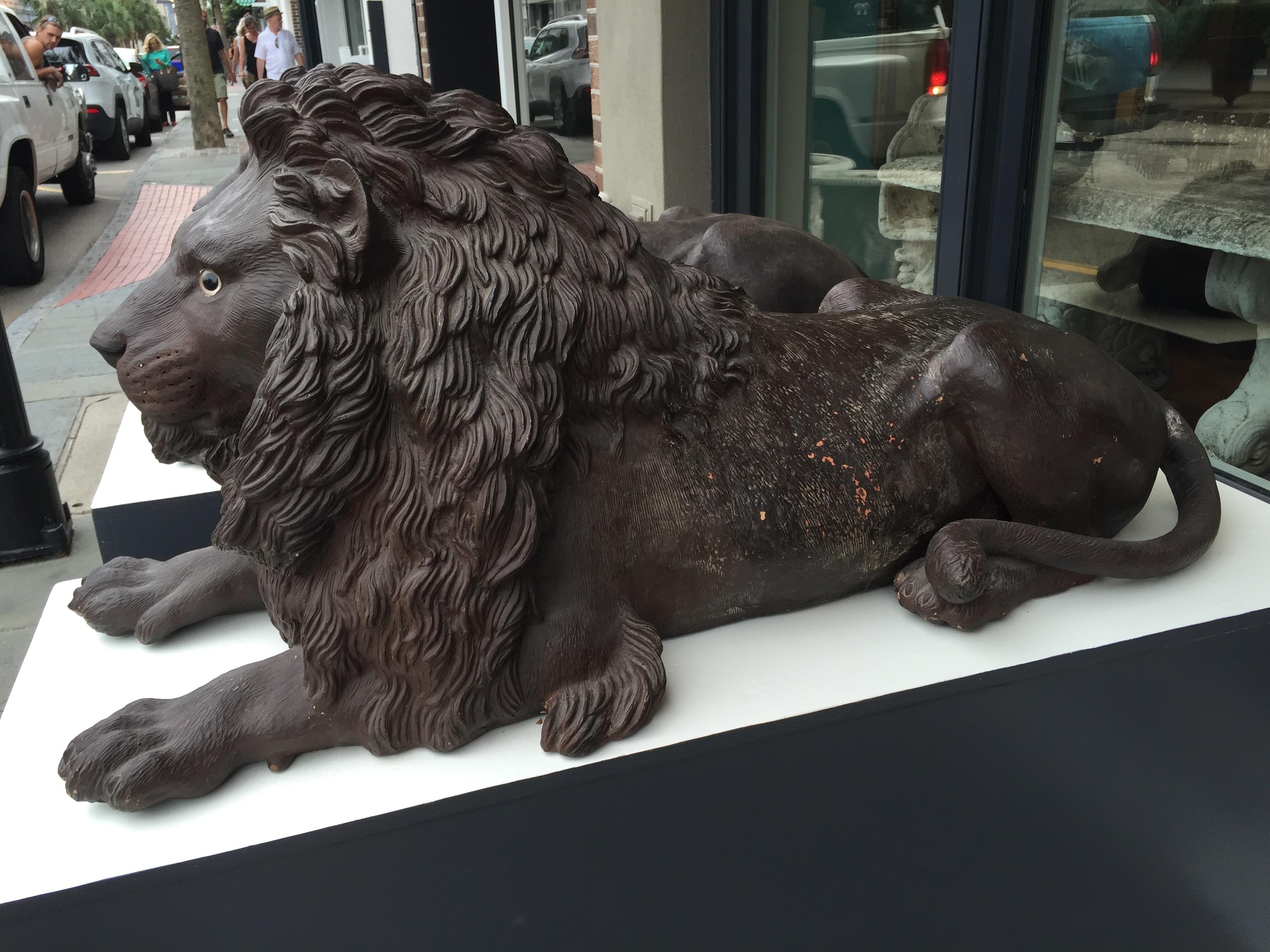 Pair of Late 19th Century Terracotta Lions in Resting Pose For Sale 1