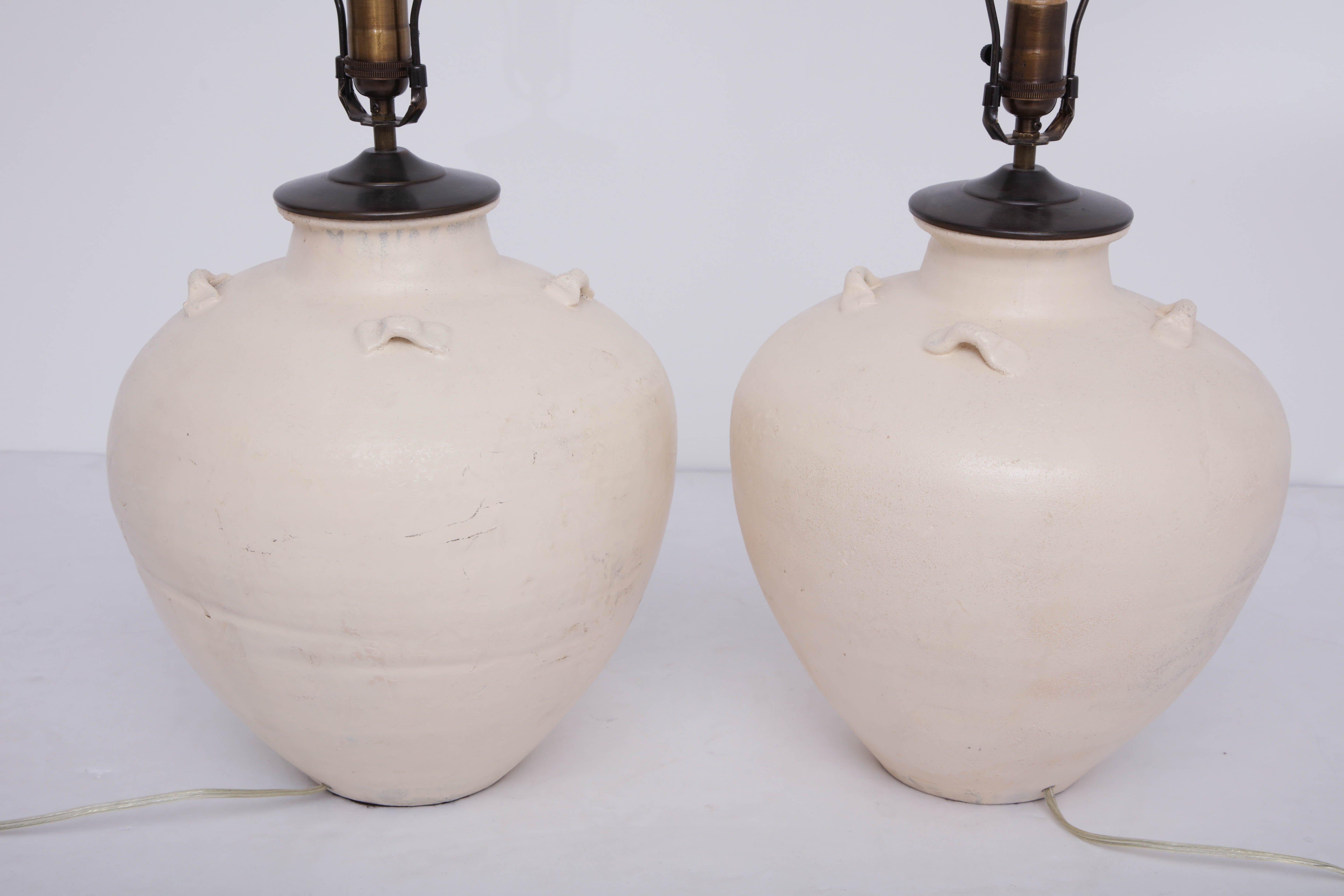 Pair of Late 19th Century Terracotta Wine Vessel Lamps 5