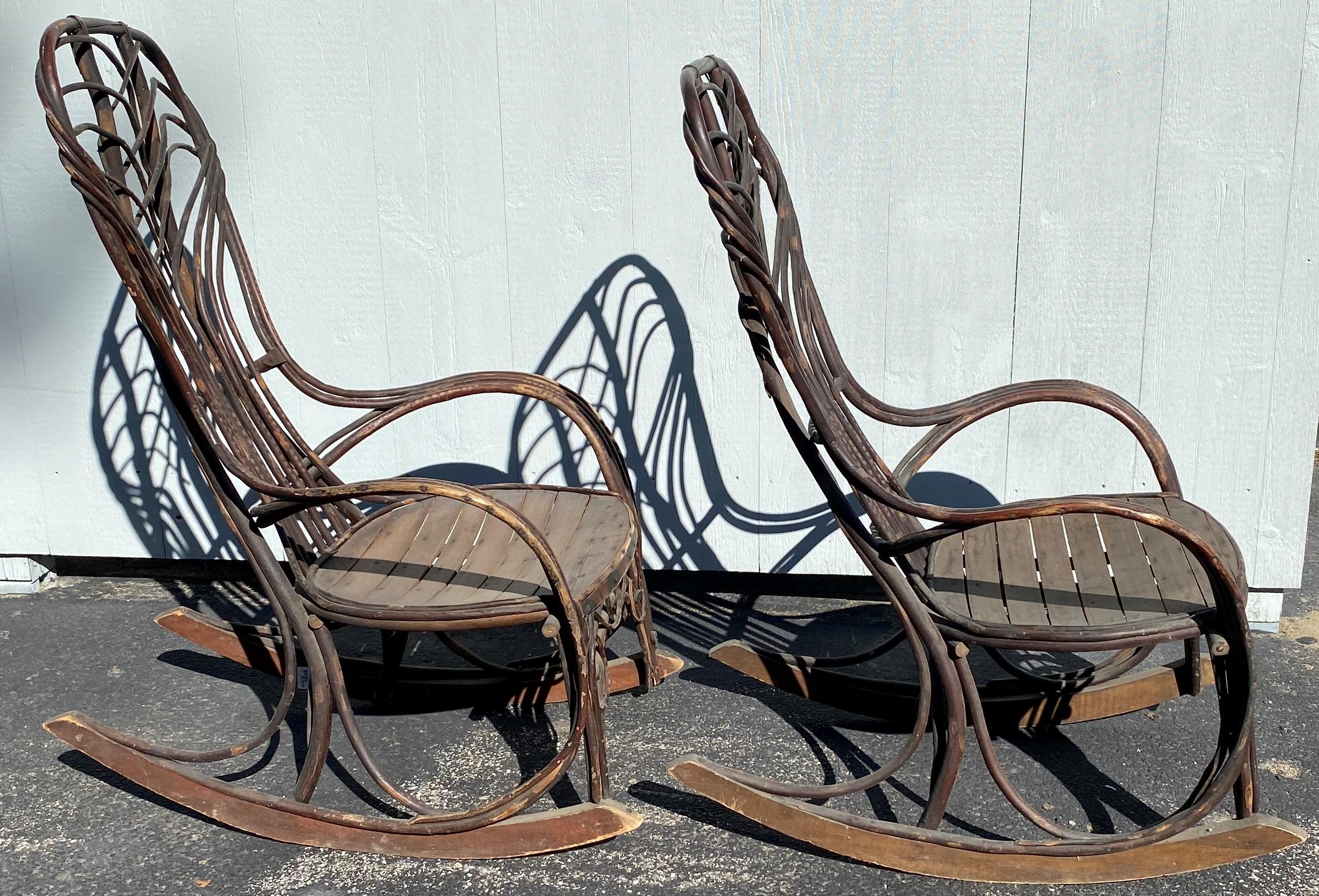 American Pair of Late 19th Century Twig Bentwood Painted Adirondack Rocking Chairs For Sale