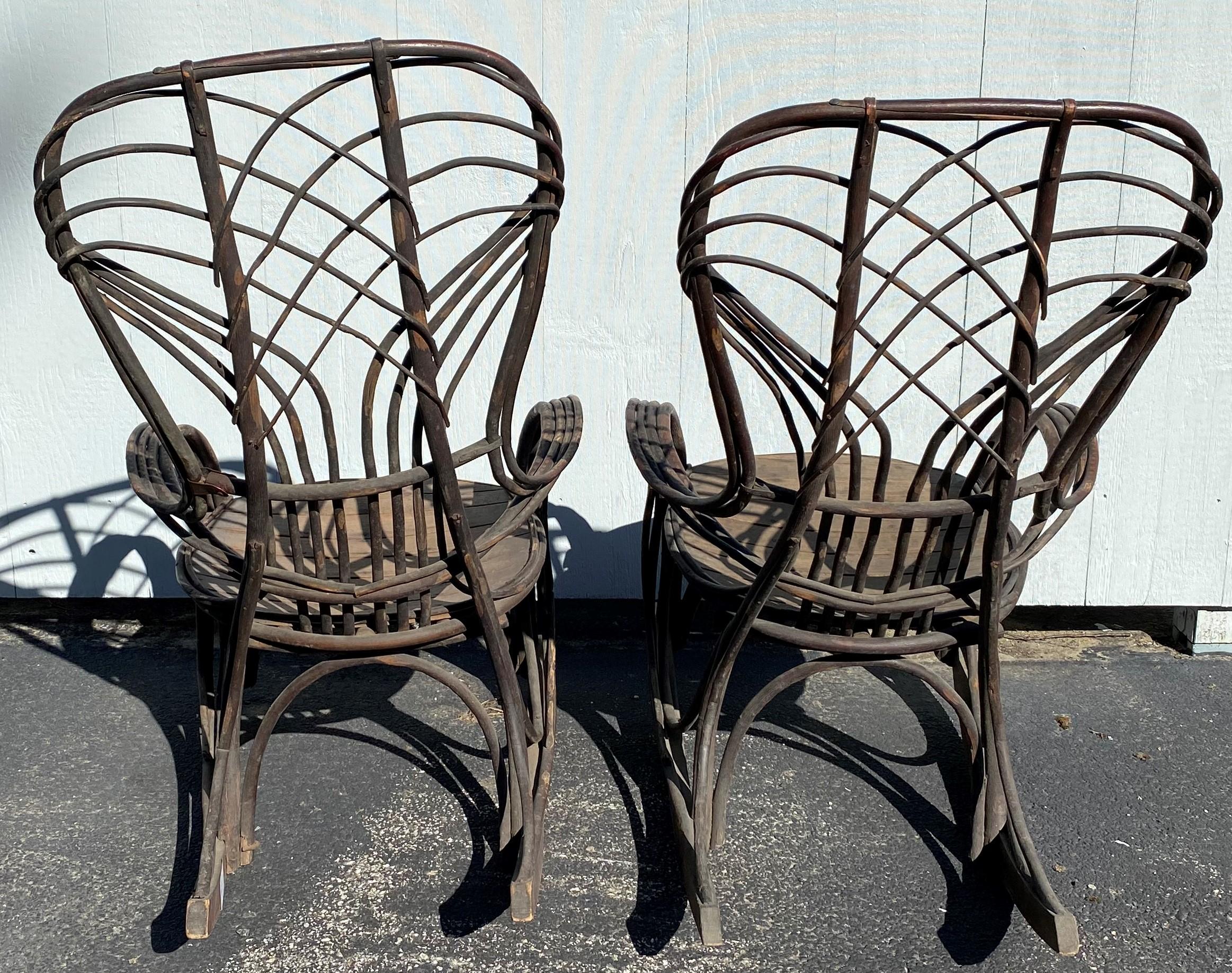 Hand-Carved Pair of Late 19th Century Twig Bentwood Painted Adirondack Rocking Chairs For Sale