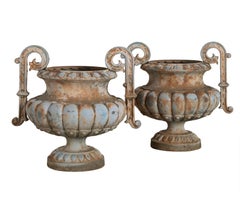 Pair of Late 19th Century Urns with Decorative Pale Blue Patina
