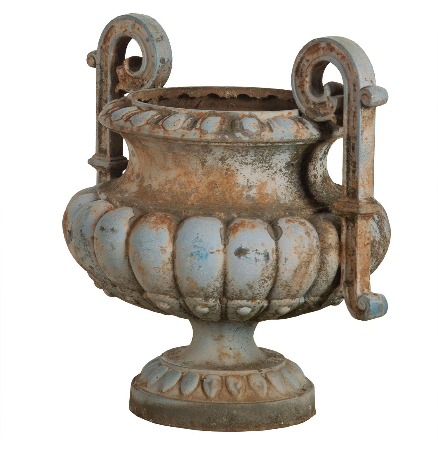 French Pair of Late 19th Century Urns with Decorative Pale Blue Patina