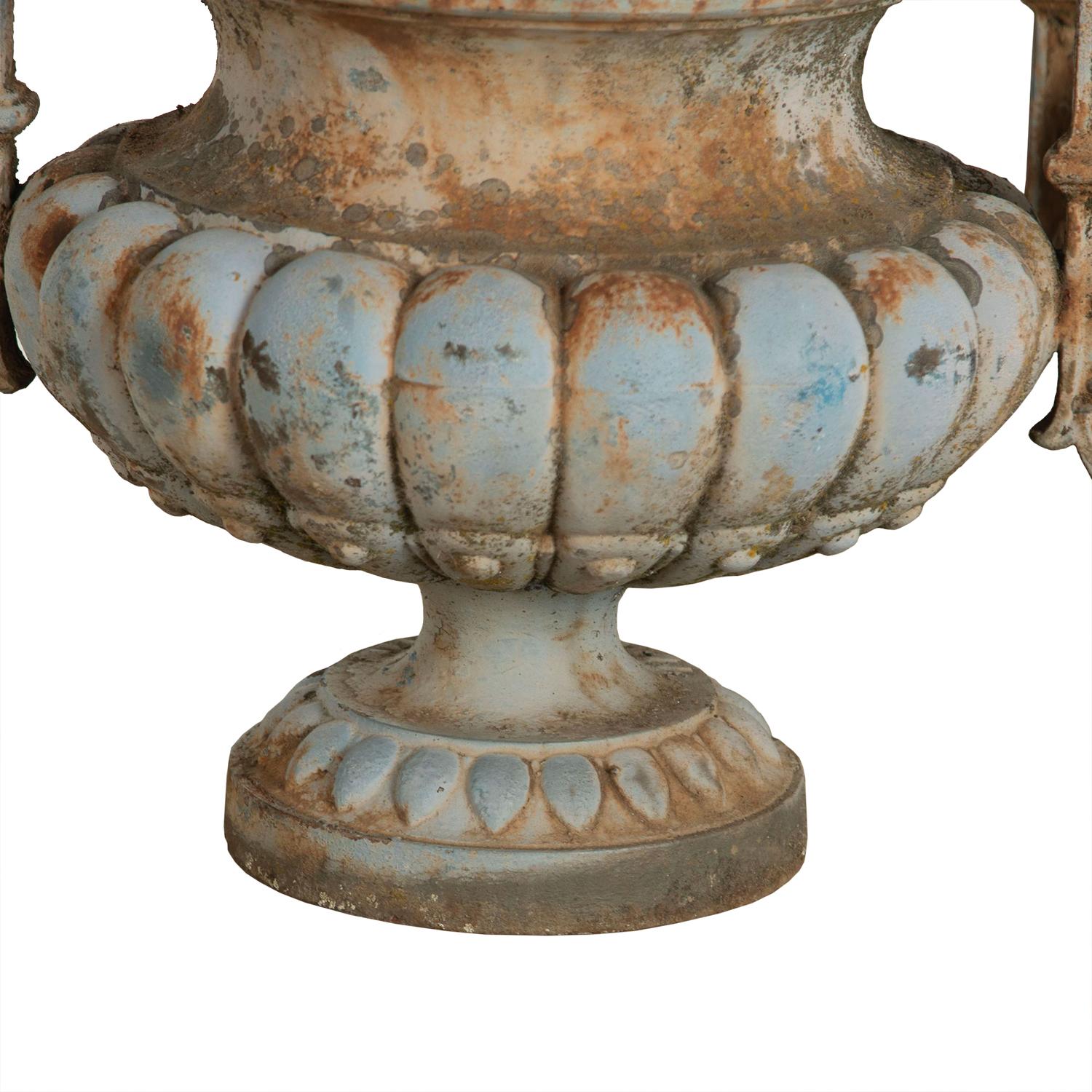 Cast Pair of Late 19th Century Urns with Decorative Pale Blue Patina