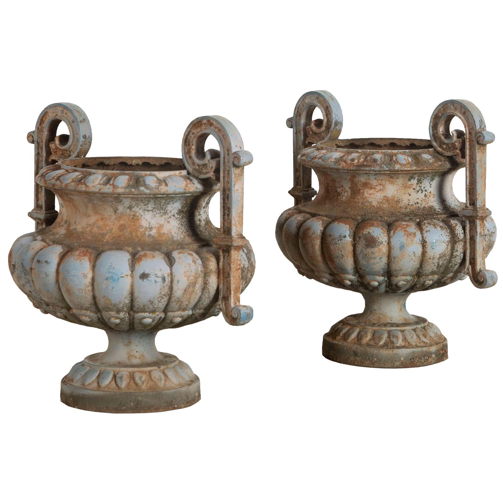 Pair of Late 19th Century Urns with Decorative Pale Blue Patina