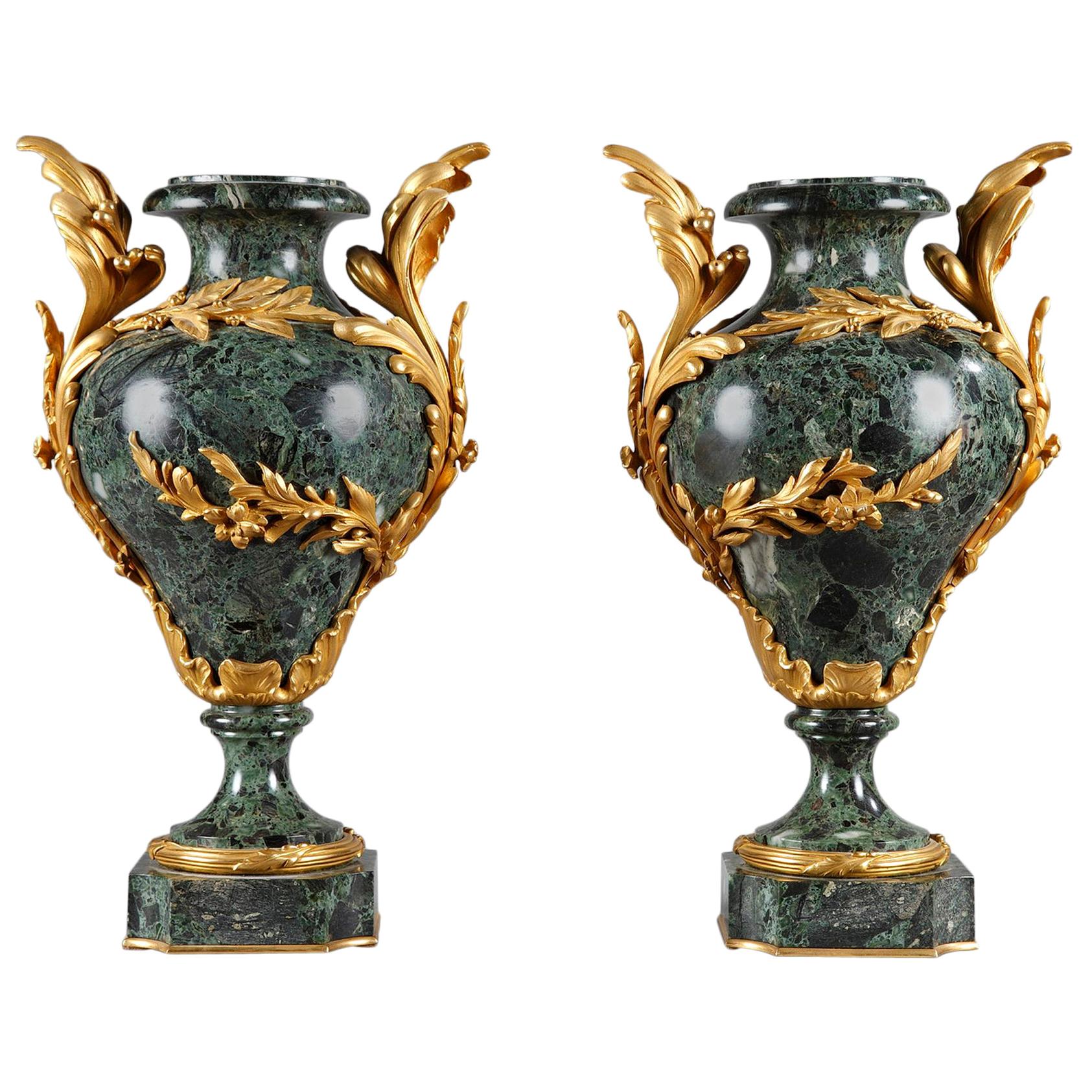 Pair of Late 19th Century Vases in Marble and Gilt Bronze