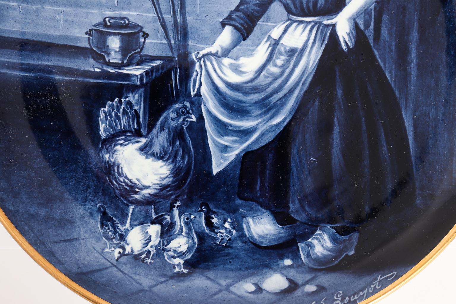 Villeroy & Boch Mettlach delft chargers. Artist signed. Matching #'s 5418-5420 circa 1900. Young girl with cats and young girl with chickens.
 