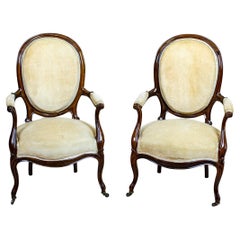 Pair of Late-19th Century Rosewood Armchairs in Beige Upholstery