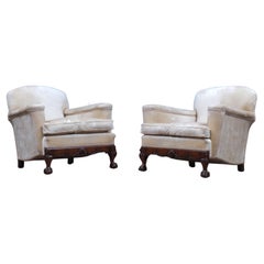 Pair of Late 19th Century Walnut Armchairs in off White Velvet