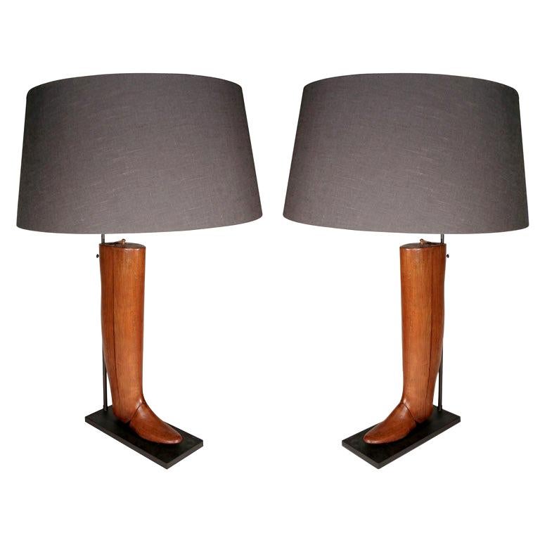 Pair of Late 19th Century Wood Boot Forms Mounted as Lamps