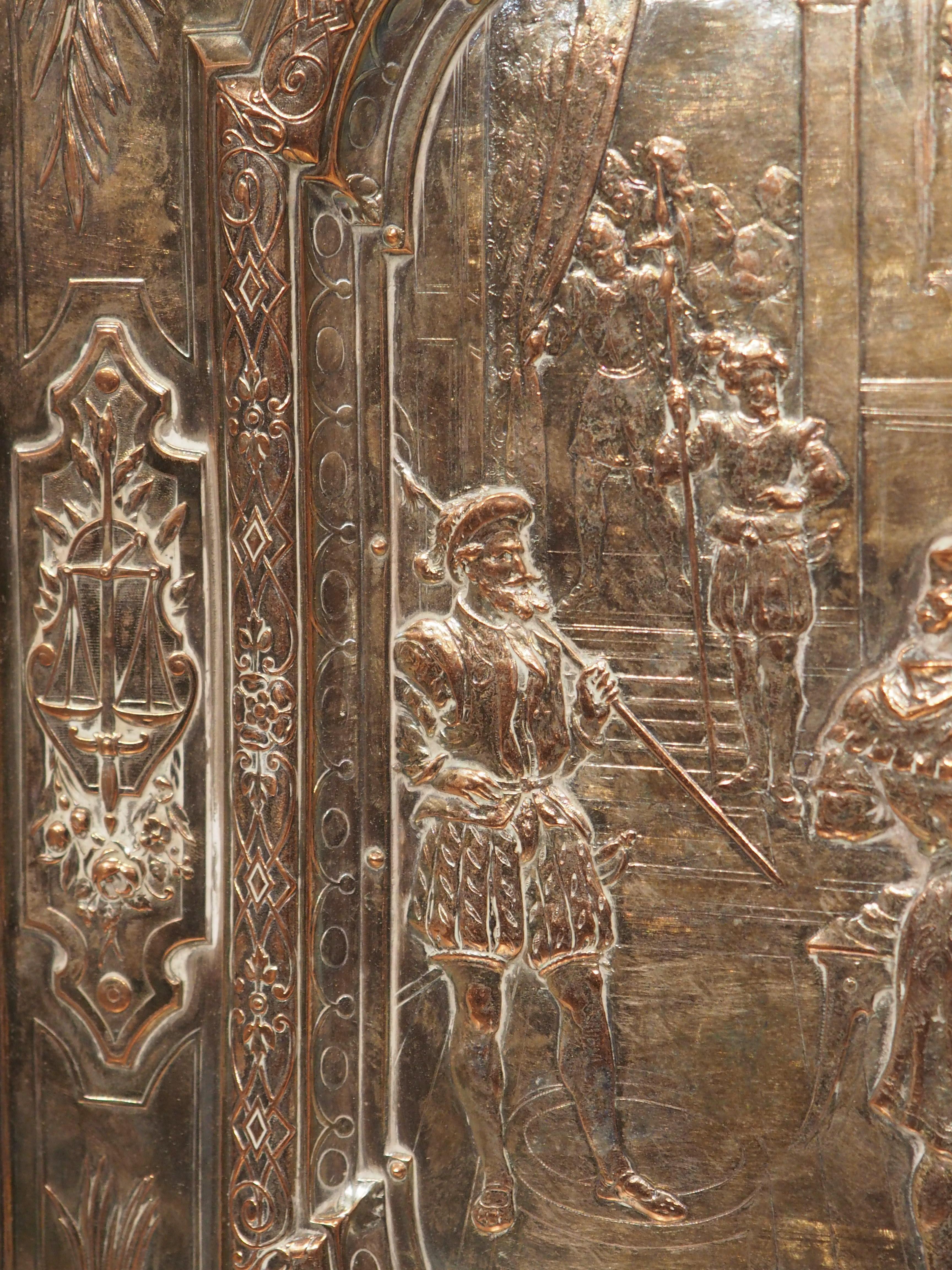 Utilizing the metalworking technique known as repousse, where images are hammered from the verso side, this pair of copper reliefs depict two scenes from Shakespearean plays. After the original 1812 panels by Elkington & Co, the famous silver