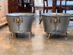 Pair of Late 19th Century Zinc Planters With Brass Lion Handles and Paw Feet