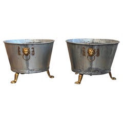 Pair of Late 19th Century Zinc Planters With Brass Lion Handles and Paw Feet