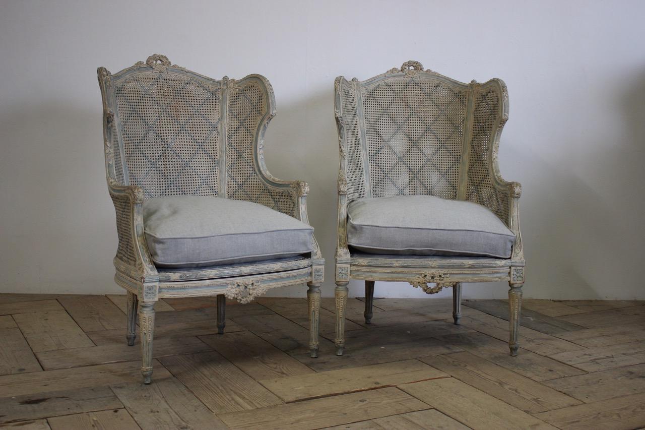 19th Century Pair of Late 19th-Early 20th Century French Painted Caned Bergeres For Sale