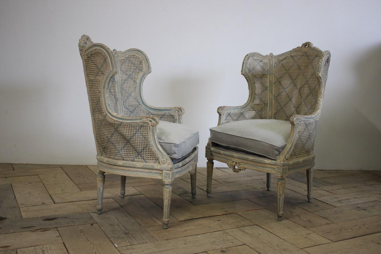 Pair of Late 19th-Early 20th Century French Painted Caned Bergeres For Sale 3
