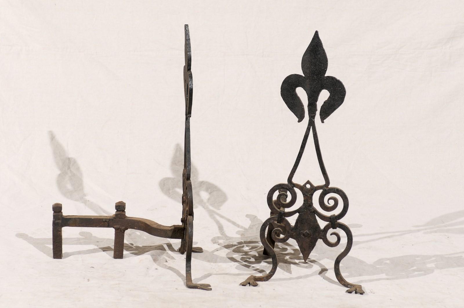 Iron Pair of Late 19th-Early 20th Century American Black Fleur-de-Lis Andirons For Sale