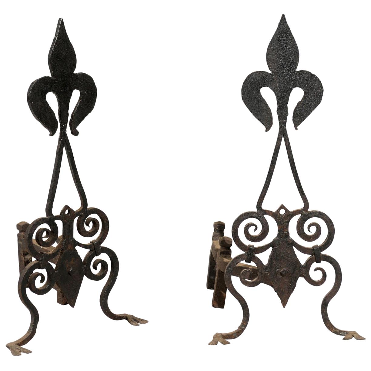 Pair of Late 19th-Early 20th Century American Black Fleur-de-Lis Andirons For Sale