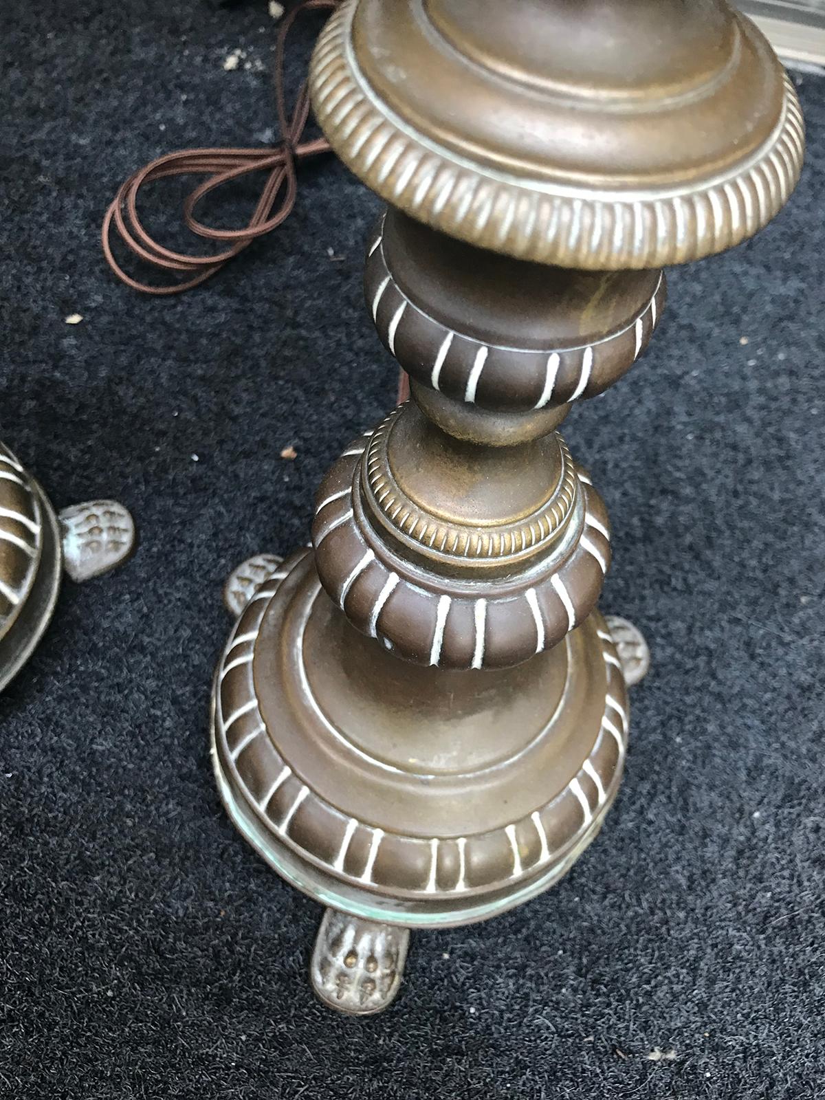 Pair of Late 19th-Early 20th Century Brass Candlesticks as Lamps For Sale 6