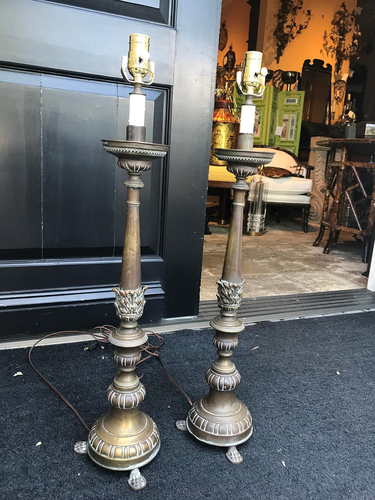 Pair of Late 19th-Early 20th Century Brass Candlesticks as Lamps In Good Condition For Sale In Atlanta, GA