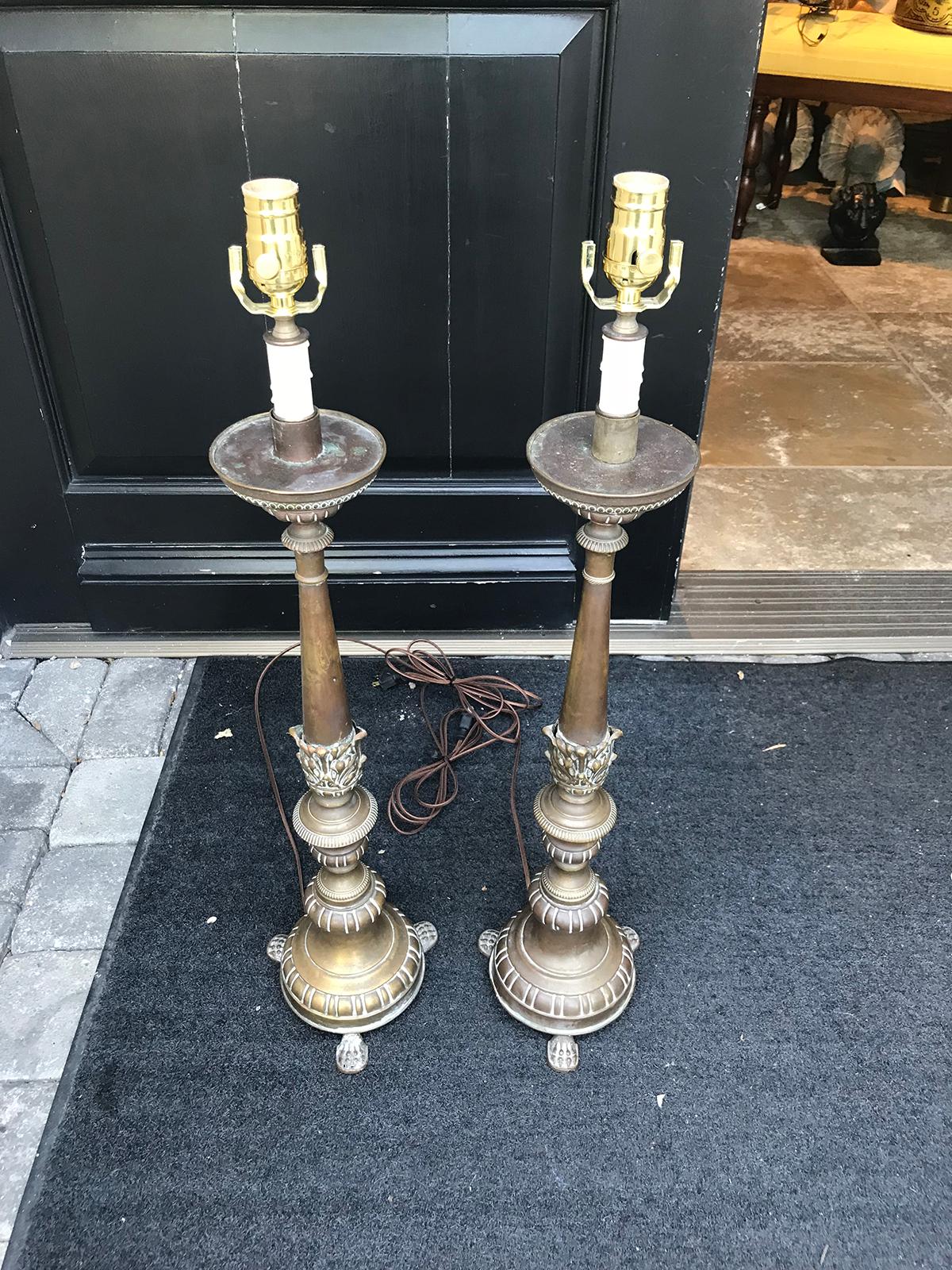 19th Century Pair of Late 19th-Early 20th Century Brass Candlesticks as Lamps For Sale