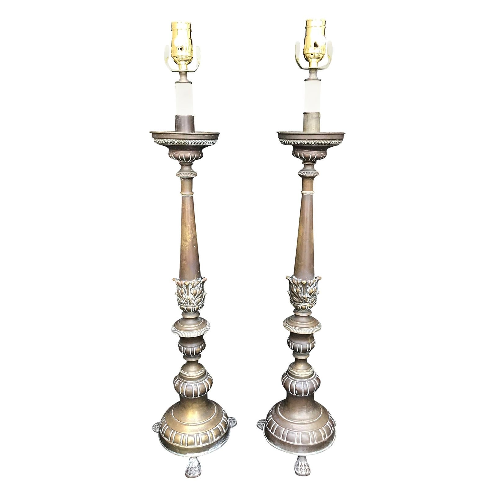 Pair of Late 19th-Early 20th Century Brass Candlesticks as Lamps For Sale