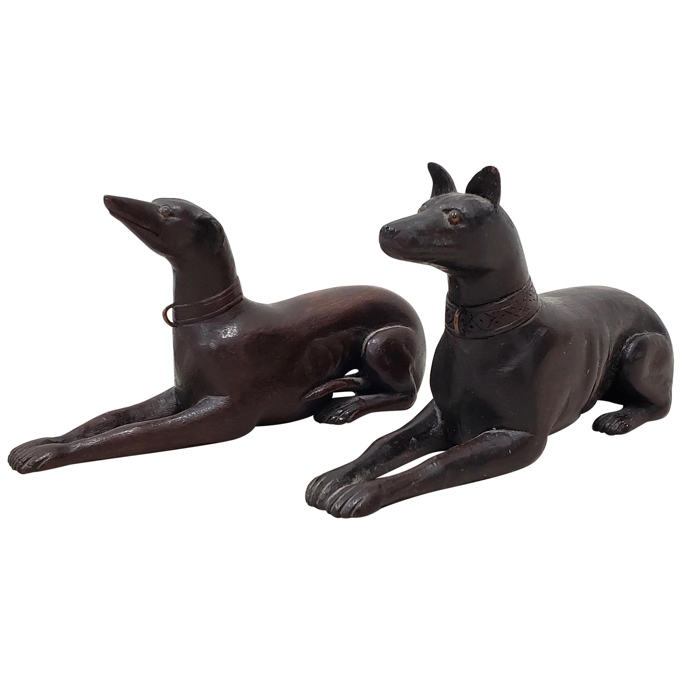 Pair of Late 19th-Early 20th Century Hand Carved Wooden Greyhounds