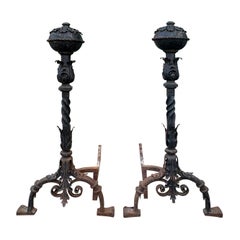 Pair of Late 19th-Early 20th Century Italian Style Hand Wrought Iron Andirons