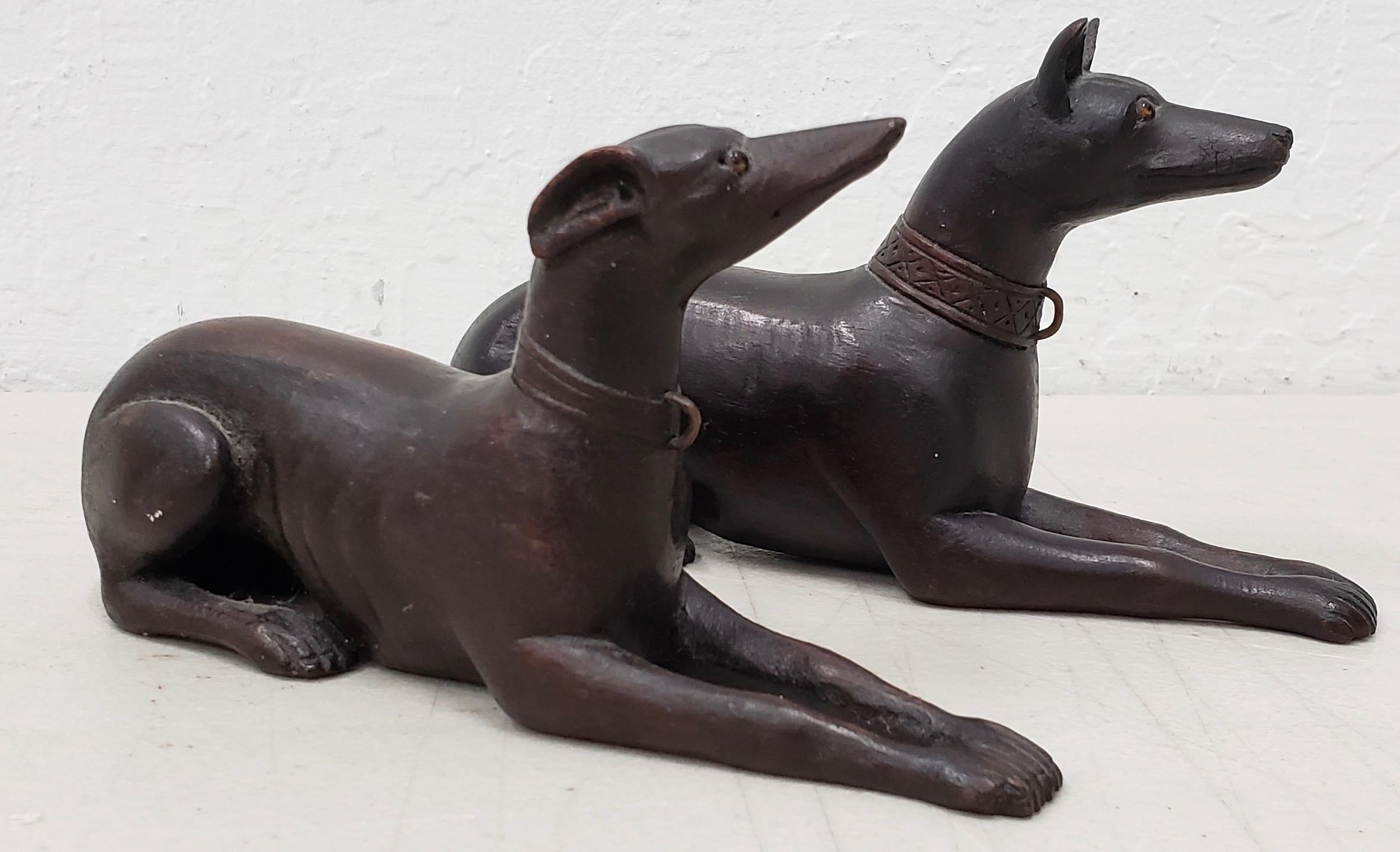 British Pair of Late 19th-Early 20th Century Hand Carved Wooden Greyhounds