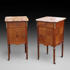 Pair of Late 19thC French Walnut Inlaid Marble Top Bedside Cabinets
